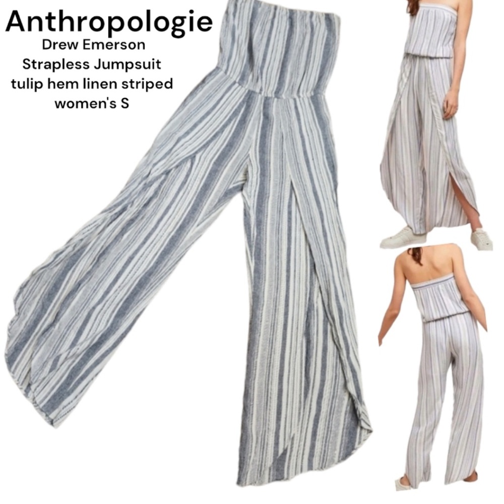 Anthropologie Drew Emerson Strapless Linen Striped Jumpsuit in Blue and White